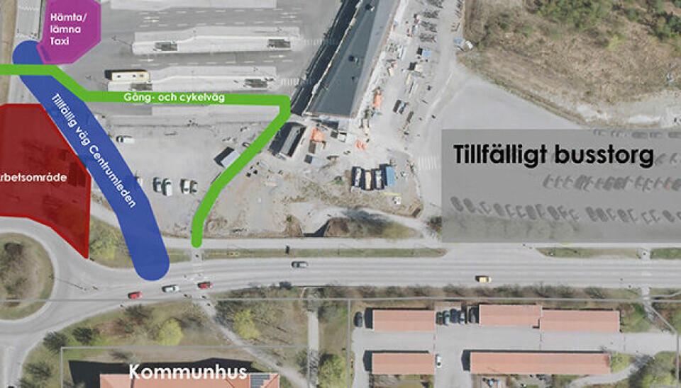 Grön markering visar tillfällig gång- och cykelväg. Blå markering visar tillfällig väg Centrumleden. Lila markering visar yta för hämta och lämna och taxi. Röd markering visar avstängt arbetsområde.