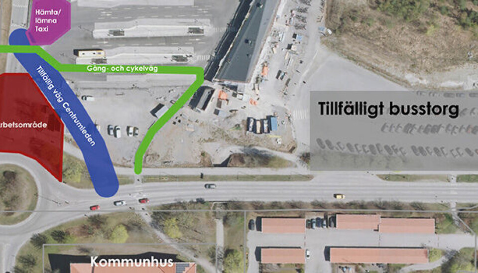 Grön markering visar tillfällig gång- och cykelväg. Blå markering visar tillfällig väg Centrumleden. Lila markering visar yta för hämta och lämna och taxi. Röd markering visar avstängt arbetsområde. Grön markering visar tillfällig gång- och cykelväg. Blå markering visar tillfällig väg Centrumleden. Lila markering visar yta för hämta och lämna och taxi. Röd markering visar avstängt arbetsområde.