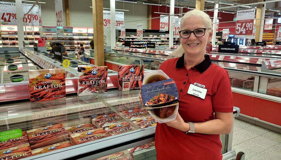 På Willys i Enköping säljer man mest frysta spanska kräftor men också en och annan förpackning av svenska färska kräftor. På bild; Camilla Kolmodin, frysansvarig. På Willys i Enköping säljer man mest frysta spanska kräftor men också en och annan förpackning av svenska färska kräftor. På bild; Camilla Kolmodin, frysansvarig.