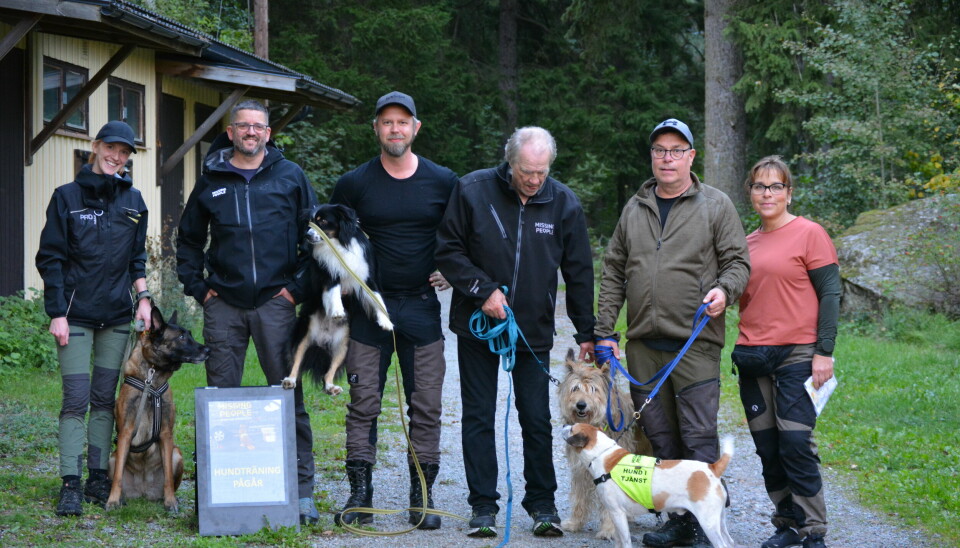 Tränade tillsammans. Hundtruppen (på bild del av truppen) träffades under några timmar och tränade sök efter såväl föremål som personer.