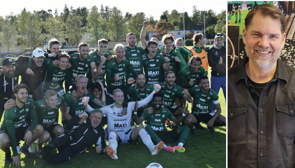 Seriesegrare. ESK:s fotbollsmannar kunde fira seriesegern redan för ett par veckor sedan. Nu väntar division 2 nästa år för den 110-årsfirande klubben. Ordföranden Patrik Bjerketun (till höger) gläds åt framgången.