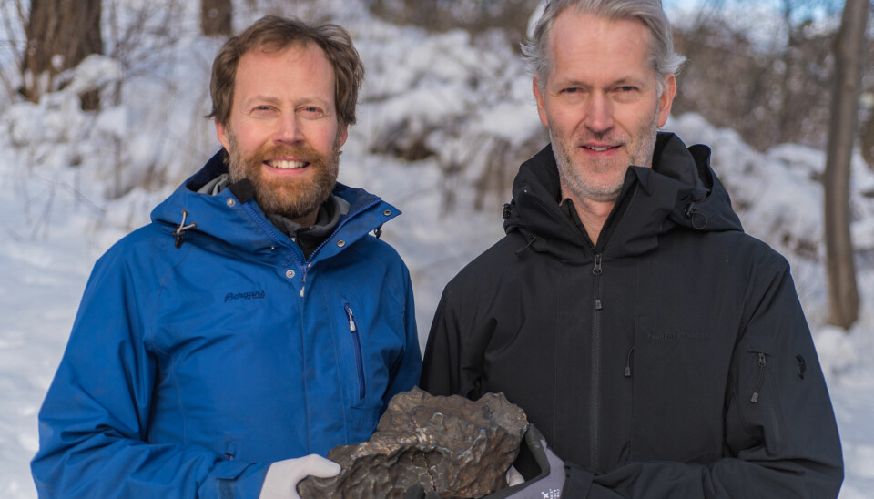Meteoritjägare. Andreas Forsberg och Anders Zetterqvist med rymstenen.