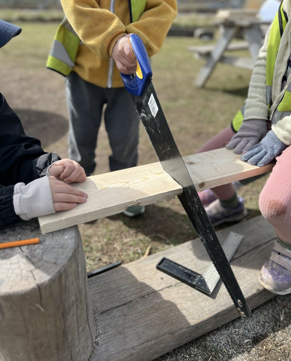 Anna Dennerman och hennes barngrupp i sågartagen för att bygga en fågelholk.