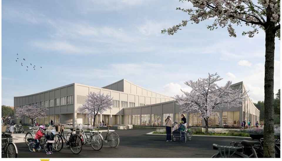 Illustration av nya Lillsidanskolan som byggs på gamla Västerledsskolans område, närmast Västerleden.