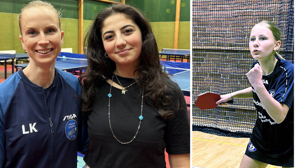 Glädjande ökning. Louise Källström, klubbadministratör, och Maram Chehab Eddin, huvudtränare, i Stratos Enköping Bordtennisklubb. Till höger en av alla tjejspelare, Livia Björkman Nevelius.