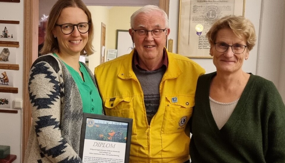 Mona Holmqvist (från vänster) och Ingela Boman fick diplom för sina gröna insatser i kommunen av Jan Andersson, Lions Club Bålsta.