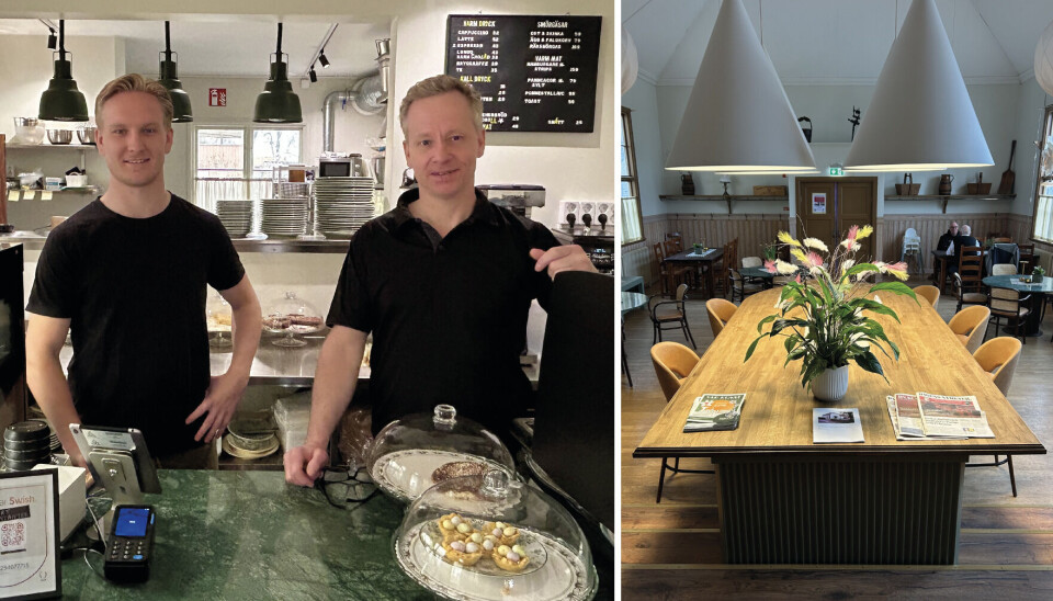 Fik med högt i tak. Jörgen Levenhage driver Gula Villan och har sin son Leonard till hjälp. Den gamla missionskyrkan är väldesignad och erbjuder en rofylld och trivsam fika- och mötesplats för besökarna.