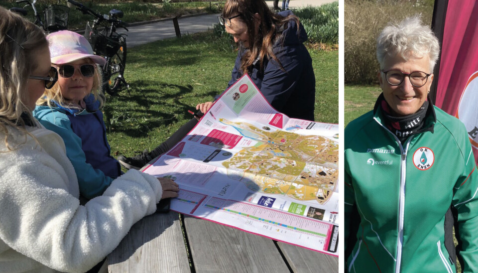 Papperskartor. I lördags var OK Enen och Hittaut på plats i Drömparken och delade ut papperskartor med de nya checkpointsen till beökarna. Till höger klubbens Helena Dominique.