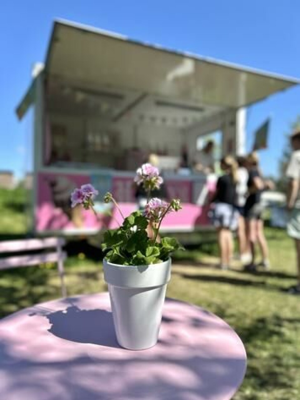 Den rosa foodtrucken – Harrys Glass – serverar glass i stora lass under hela sommaren i Blå Trädgård i Enköping.